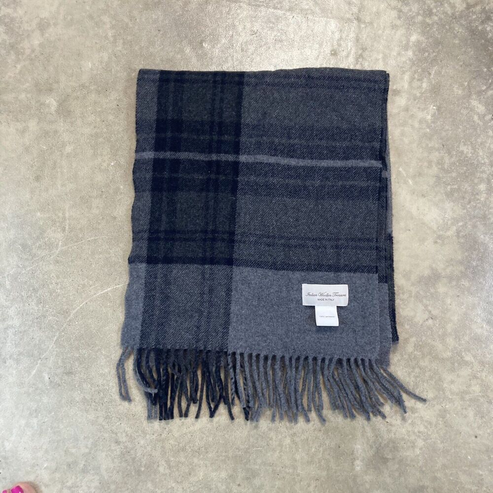 Italian‎ Woollen Treasures Scarf Italy Gray Plaid Fringe Rectangle Lambswool